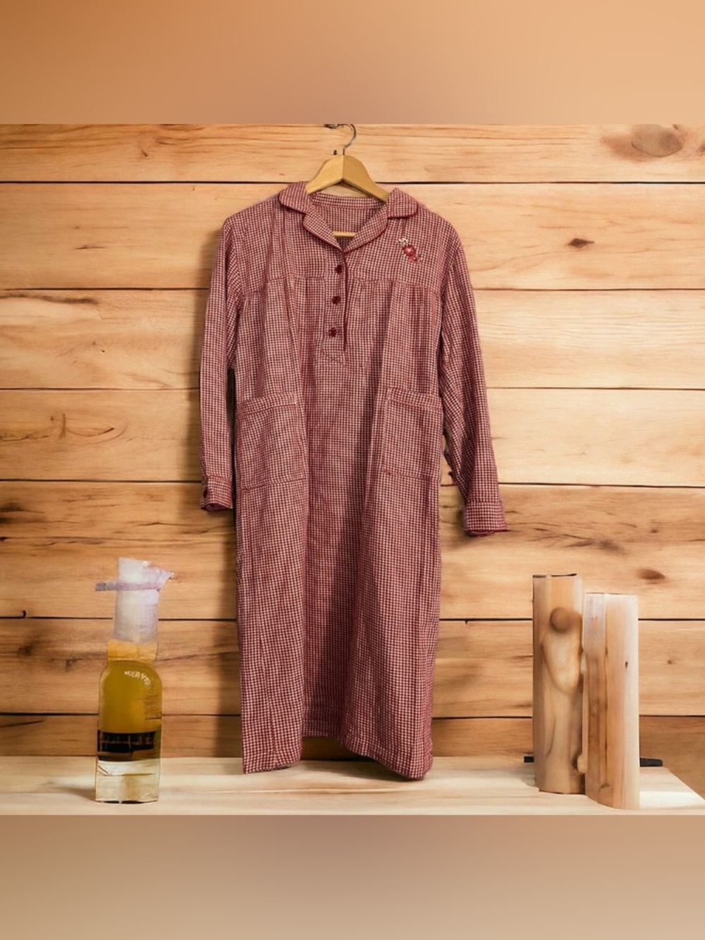 Handmade Red & White Checkered Flannel Nightgown Pockets Floral Medium/Large